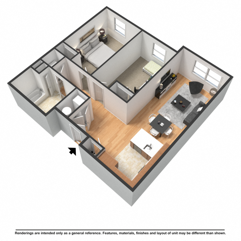 Floor plan for 2 beds, 1 bath, 837 sqft